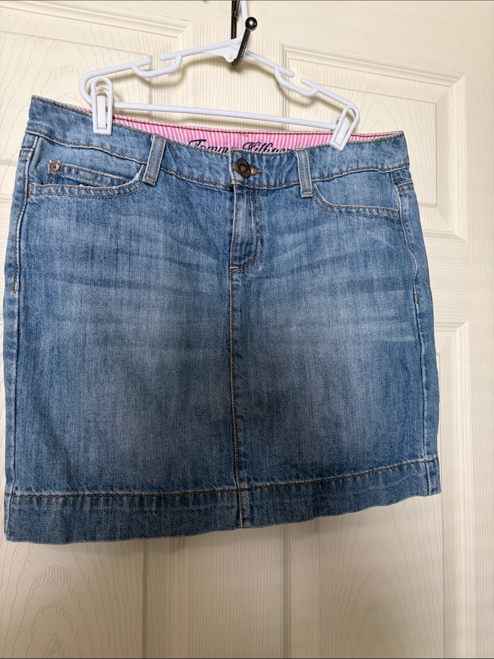 Tommy Hilfiger Light Wash Denim Mini Skirt with Pink Waistband